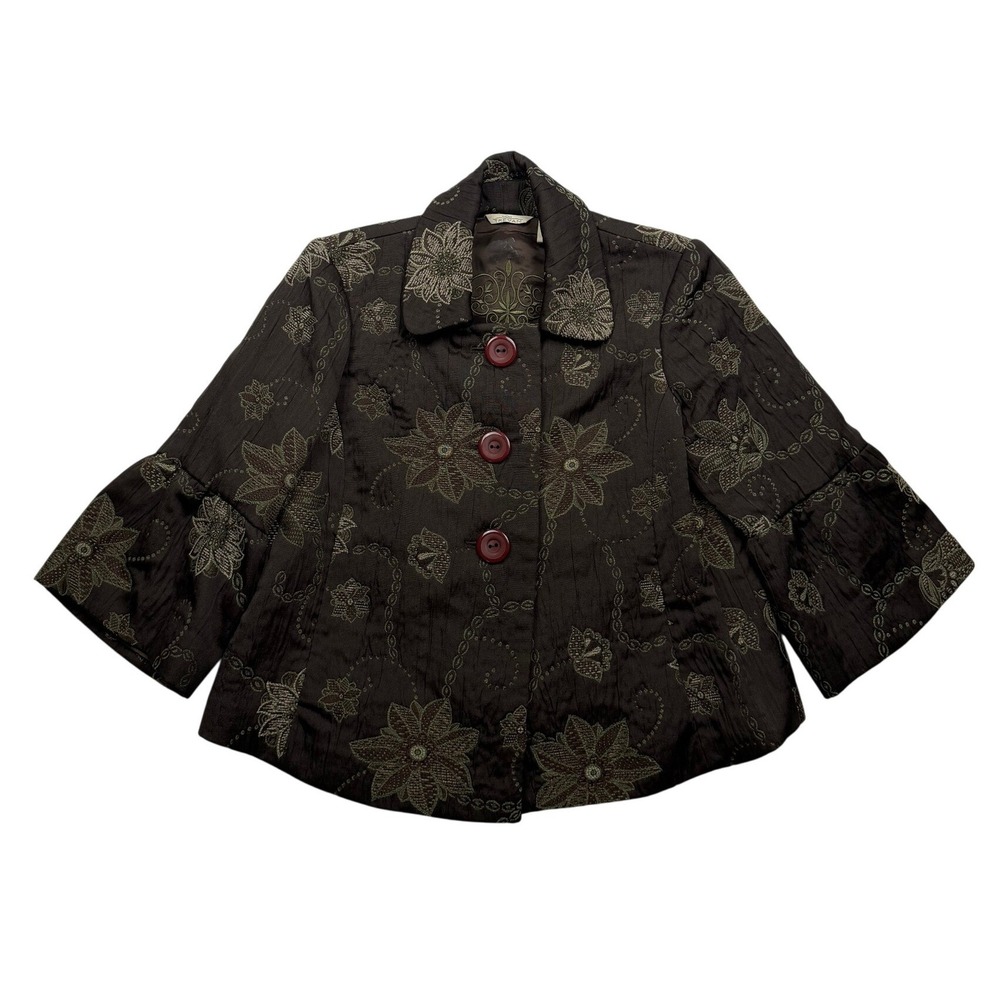 Trevan Size 8 Brown Green Embroidered Floral Bell Sleeve Jacket Blazer